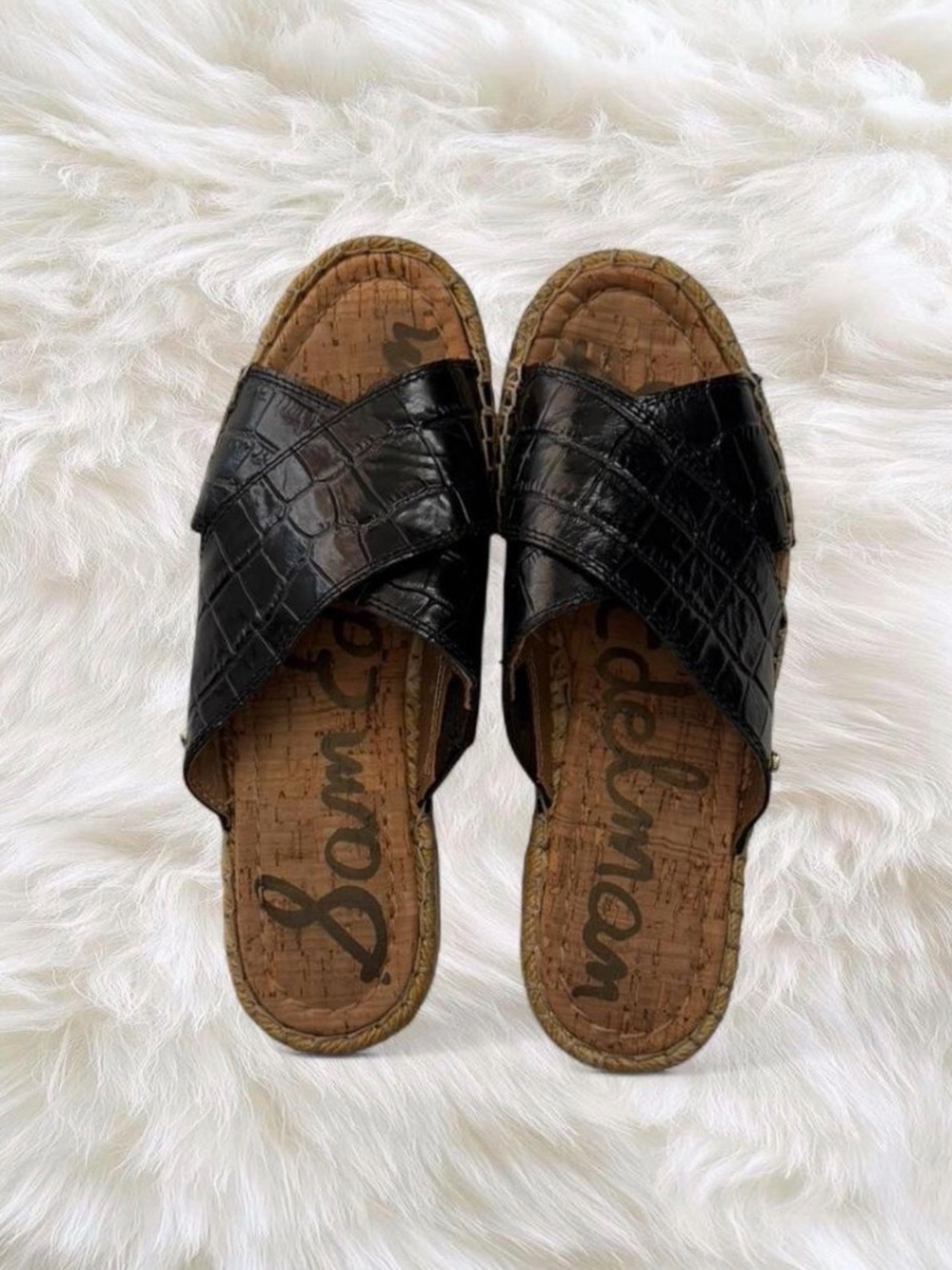 Sam Edelman Black Croc Slide Sandals with Espadrille Platform - Picture 3 of 5